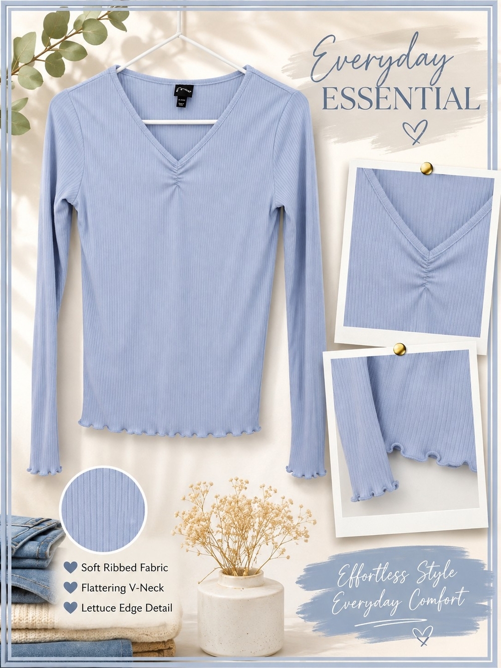 Art Class Girls XL Blue Ribbed V-Neck Long Sleeve Top